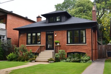 Charming brick house with black roof and front steps, surrounded by green grass and shrubs, located in a peaceful neighborhood during a clear day in late spring