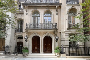 A sophisticated mansion featuring intricate architectural details surrounded by vibrant greenery, nestled within an upscale urban neighborhood during daylight hours