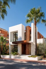 Fototapeta premium The contemporary architectural design of this chic house, beautifully nestled among lush palm trees, basks in a sunlit location under expansive, clear blue skies