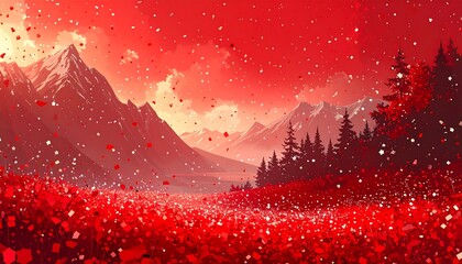Vibrant red landscape with mountains and falling petals.  A digitally painted scene of a fiery red sunset over snow-capped mountains