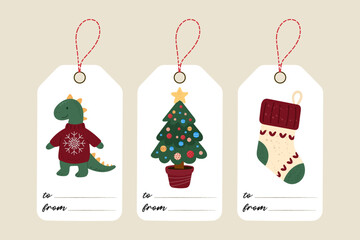 Christmas gift tags with cute festive designs including a dinosaur in a sweater, decorated Christmas tree, and holiday stocking. Printable holiday label set perfect for Christmas presents.