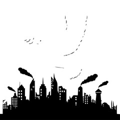 Silhouette of a Modern City Skyline with Smoke Plumes and Buildings.