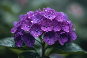 Violet Hydrangea Flowers Soaked by Rain