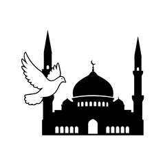 Silhouette of a Mosque with Two Minarets and a Flying Dove Symbolizing Peace.