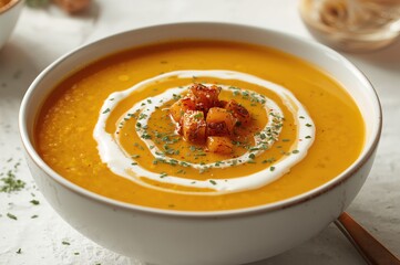 Delicious Homemade Pumpkin Soup Served in a Bowl with Vibrant Backdrop