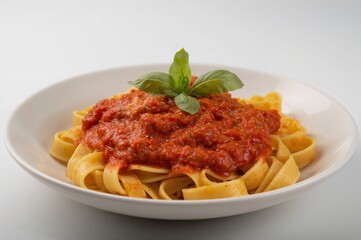 Fettuccine pasta served with tomato sauce and fresh basil on a dish