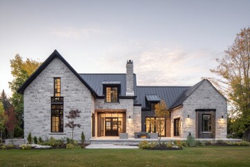 Stunning modern stone house exterior with large windows and a sleek design set in a serene landscape during twilight, showcasing elegant architecture and natural beauty