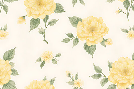 Delicate yellow floral pattern with green leaves on a cream background flowers roses