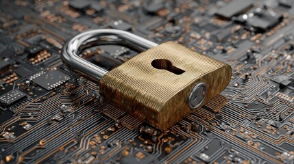 conceptual illustration of a strong metallic padlock firmly secured on a complex digital circuit board representing the critical importance of cybersecurity data encryption and network protection