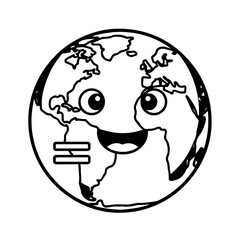 Smiling Cartoon Earth Globe with Equality Symbol Black Outline Illustration.