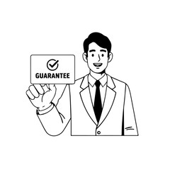 Smiling Businessman Holding Guarantee Sign with Check Mark Line Art Style.