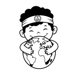 Smiling Cartoon Boy Hugging the Earth with Peace Symbol Headband Black and White.