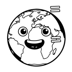 Smiling Cartoon Earth Globe with Equality Symbols Black and White Outline.