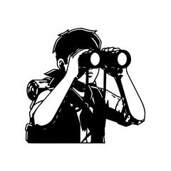 Silhouette of a Person Holding Binoculars Observing and Backpacking.