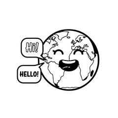 Smiling Cartoon Earth Globe with Speech Bubbles Saying Hi and Hello.