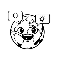 Smiling Cartoon Earth Globe with Speech Bubbles Displaying Love and Sun.