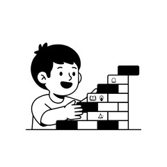 Smiling Child Building a Tower with Black and White Wooden Blocks.