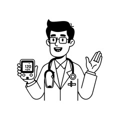 Smiling Doctor Holding Blood Glucose Meter Gesturing with Open Hand Medical Illustration.