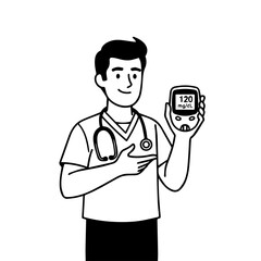 Smiling Doctor Holding and Pointing at a Blood Glucose Meter Displaying 120 mgdL.
