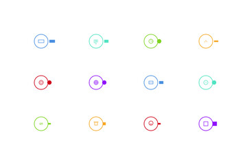 Business essentials vector icon set sheet with 12 polished symbols including briefcase, office building, charts, target, lightbulb, gear, calendar, clock, handshake, and trophy, outline and filled ver