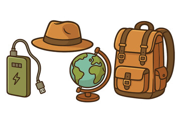 Travel essentials set for adventure lovers including power bank charger, explorer hat, world globe, and sturdy backpack ready for outdoor exploration and journey vector illustration