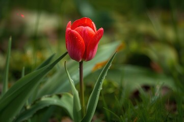 Obraz premium Scarlet tulip glistening with raindrops