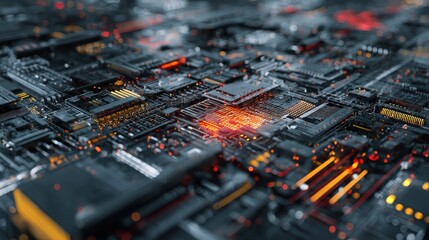 vivid technological design showcasing digital circuitry and glowing elements in a modern abstract space