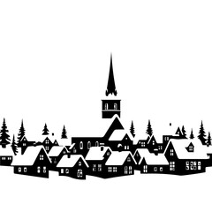 Obraz premium Silhouette of a Winter Village with Church and SnowCovered Houses.