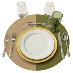 エレガントなテーブルセッティング 円卓上の食器 白いプレート 金色の縁取り グラス カトラリー付き