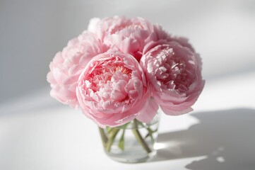 A bouquet of pink peonies displayed in a vase against a white backdrop