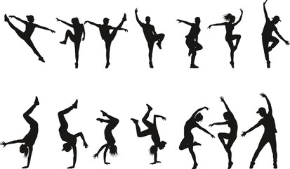 Silhouette dancers in dynamic poses, ballet, breakdance, contemporary movement, expressive choreography, vector illustration for performing arts, dance studio, and creative design