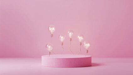 A retro neon-lit empty pink platform on a pastel pink backdrop with shadows