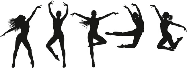 Silhouette dancers in motion, ballet and contemporary poses, graceful female figures leaping, elegant dance illustration, vector art for stock content