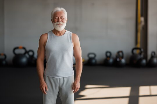 Elderly caucasian male in gym attire standing confidently in fitness center