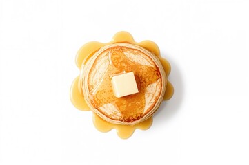 Stack of pancakes drizzled with honey on a white surface. Overhead shot. Flat lay arrangement.