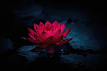 Crimson lotus flower blossoming atop water with deep blue foliage, representing natural purity and aquatic life.