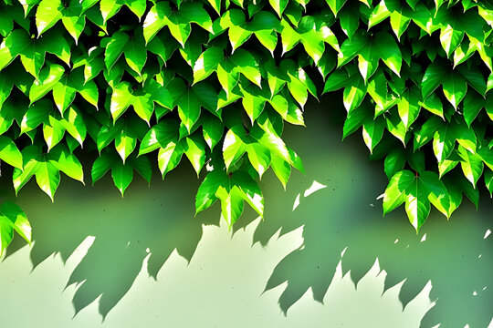 Lush green leaves cascading down a light green textured wall with dramatic shadows graphic - Powered by Adobe