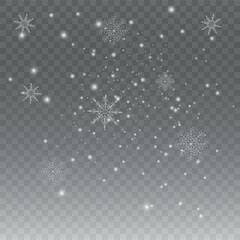 Vector Snowfall with Snowflakes on Transparent Background. Winter Snow Overlay Effect