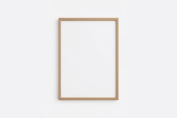 Realistic mockup of a large wooden portrait frame against a plain wall. Minimalist, modern, and clean vertical poster frame design.