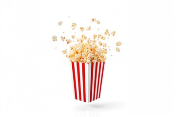 Popcorn bursting out of a red and white striped container against a plain white backdrop with room for text.