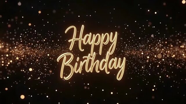 Elegant birthday greeting with glowing golden cursive text and sparkling glitter background
