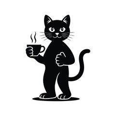 Cat Holding Coffee Cup Silhouette. cat silhouette vector illustration.
