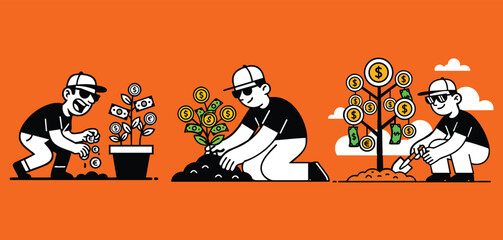 A three-panel cartoon depicts a person planting money