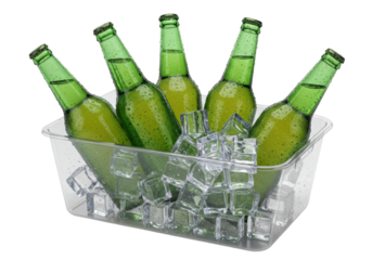 Isolated green beer bottles in ice bucket for events, parties and gatherings on ice
