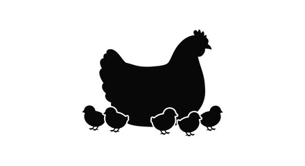 A hen with chicks displayed as a striking black silhouette