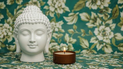 Enlightenment experience with a Buddha figure and miniature meditation setup. Zen ritual with Buddha's serene white visage, brown candle, and lush green floral backdrop. Religious and esoteric theme