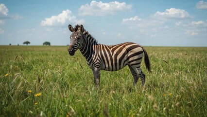 Zebra calmly positioned in a green field