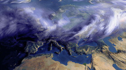 Dynamic weather patterns over europe aerial view satellite imagery atmospheric changes natural environment
