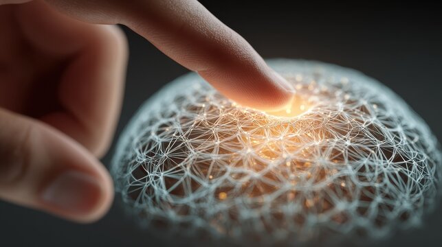 fingertip touches glowing digital network sphere symbolizing connection innovation and future technology in a modern abstract concept
