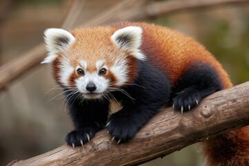 Fototapeta premium Juvenile Red Panda Grasping a Tree Limb
